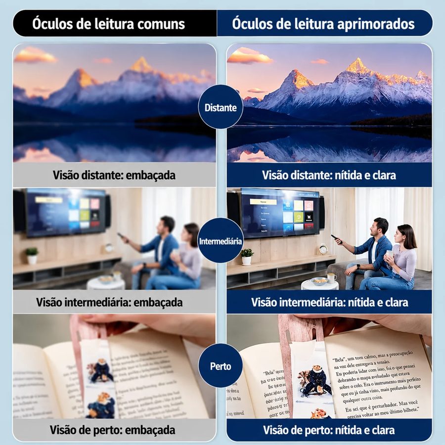 Comparativo óculos comuns vs aprimorados - visão distante, intermediária e perto