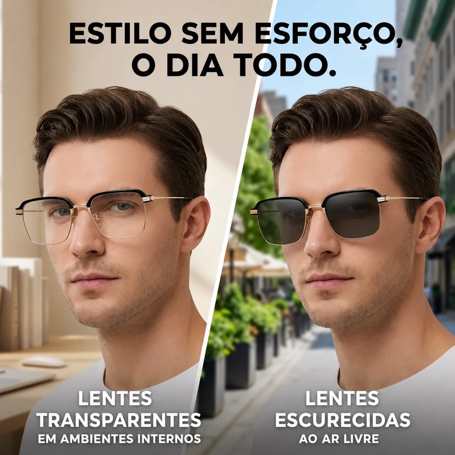 Estilo sem esforço o dia todo - lentes transparentes em ambientes internos e escurecidas ao ar livre