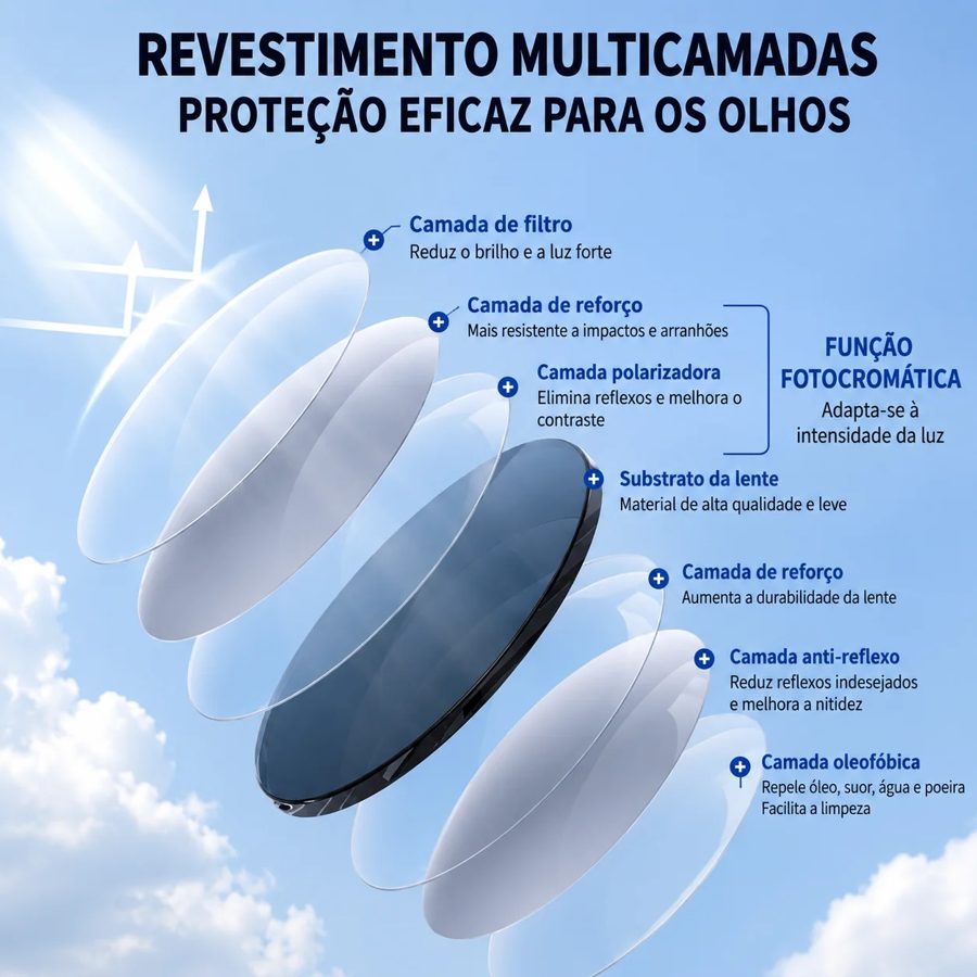 Revestimento multicamadas - função fotocromática, adapta-se à intensidade da luz
